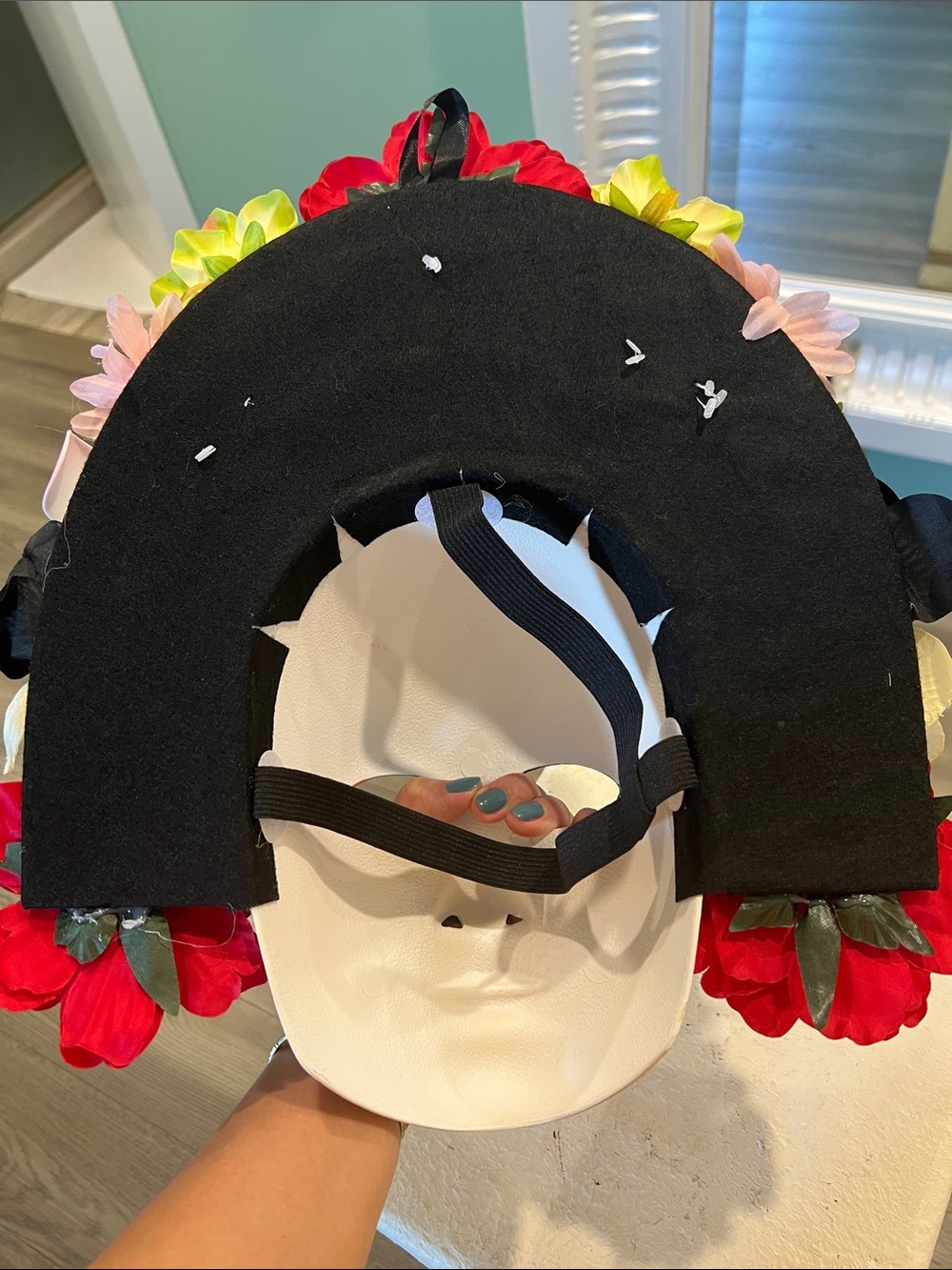 Handpainted Sugar Skull Carnival Mask with Floral Crown - Picture 2 of 3